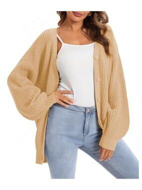 100% Cotton Oversized Button-Down Cardigan Sweater Women Long Sleeve Knit